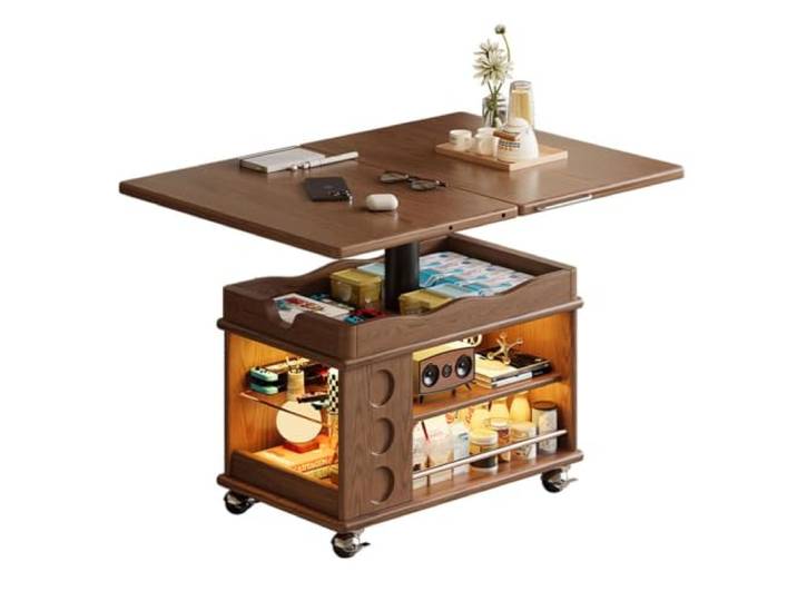 MJJRWF Höhenverstellbarer Couchtisch mit Rollen und Stauraum Neigbare Platte, Ausziehbare Seiten, Feststellbare Rollen, Beistelltisch(Style6)