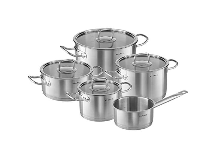 KLAMER Topfset Induktion 5-teilig, Edelstahl Kochtopf Set mit Glasdeckel Messskala zum Abmessen, hoher Schüttrand und kühle Kaltmetallgriffe, 10 Jahre Garantie auf verzugsfreien Boden und Induktion