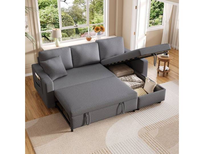 SEYAKANY-Canapé d'angle 3 places en L - 216 x 135 x 83 cm avec rangement et coussins convertible - Gris