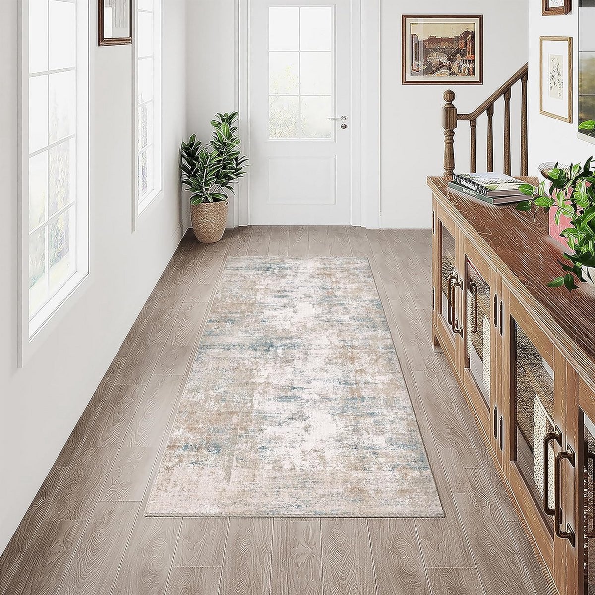 Modern Abstract Vloerkleed Gangloper Beige Blauw - 60 x 180 cm