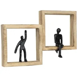 Moritz Dekofigur Duality Schwarz 37 cm Mangoholz Aluminium Wandfigur mit zwei Figuren im Rahmen Symbol für Balance Kommunikation Gleichgewicht Skulptur