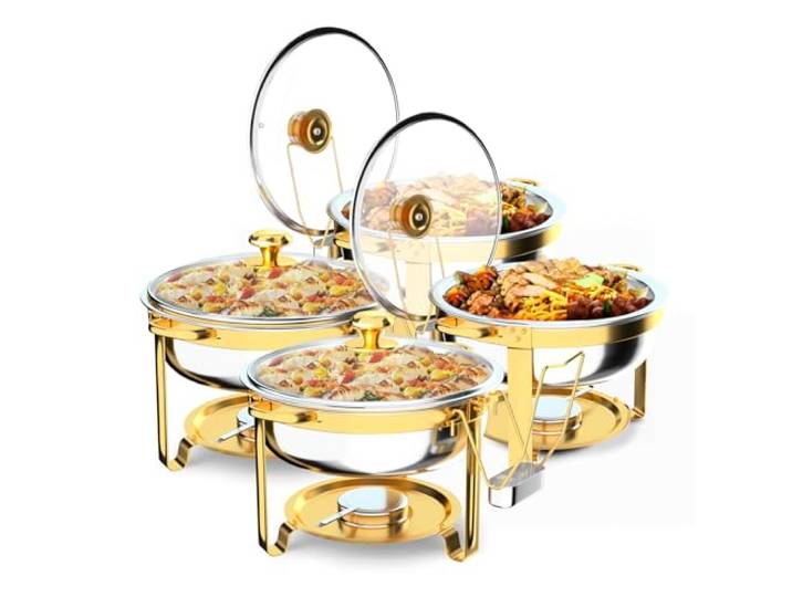 ROVSUN 4 Stück 5L Diamantförmige Griffe Gold Runde Chafing Dish Speisenwärmer aus Edelstahl mit Glasdeckel und diamantförmigen Griffen für Partys, Bankette und Hochzeiten