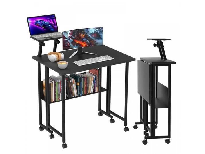 Bureau D'ordinateur Pliable Avec Panneau De Support-Bureau D'ordinateur À Deux Niveaux-OHMG-58x80x75cm-Noir