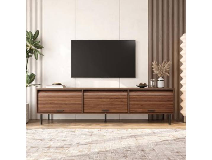 DUlVBPE TV-Schrank,TV-Lowboard 3 aufschiebbare Türen vertikale enprägung Schwarze Griffe Schwarze Metallfüße,Fernsehbank für Wohnzimmer