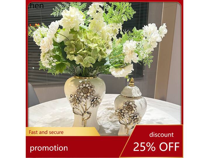 Vase en céramique Hxl avec décalcomanie peinte à la main, pot décoratif, vase à fleurs plaqué or, ornement pour fleuriste
