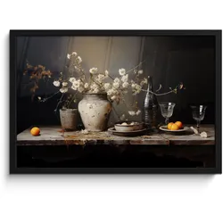 POSTER MIT RAHMEN Stilleben - Blumen - Blumenstrauß - Vase - Wein 60x40 cm