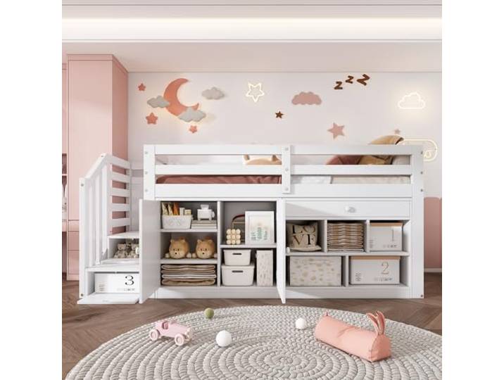 xixiworkshop Hochbett 90x200cm, Treppen Links und Rechts Austauschbar Multifunktionales Jugendbett mit austauschbar Tisch/Schrank/Leiter Bett mit Stauraum, Einzelbett Rausfallschutz ohne Matratze