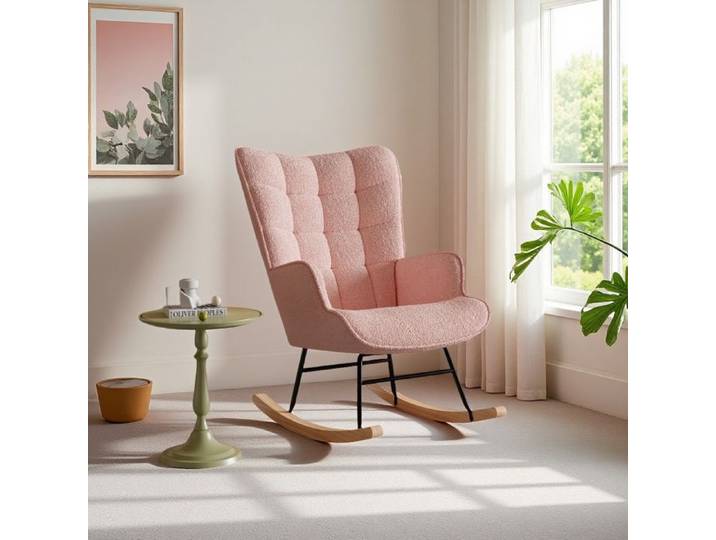 Fauteuil à Bascule Rembourré - Chaise Berçante Allaitement Bébé - Tissu Velours Teddy - Design moderne - 1 place - Rose