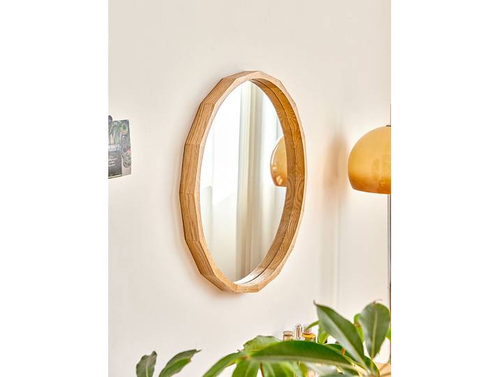 Grand Miroir Rond en Chêne pour Toilette, Évier en Bois Massif, HOLog, Vent, Mur