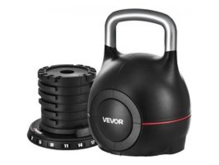 VEVOR Kugelhantel verstellbare Kettlebell mit 7 Gewichtsstufen (2/5/8/11/14/17/20 kg), Schwunghantel aus ABS + Aluminium-Druckguss, für Griffkrafttraining Ganzkörpertraining Cross-Training Schwarz