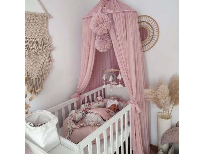 KOELL Baldachin Kinderzimmer – Betthimmel mit Pompons und Schleifen, Metallring zur Deckenmontage, Höhenverstellbar 240–300 cm, Oeko-Tex Tüll, Altrosa