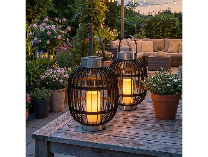 2er Set Solar-Gartenampel in Rattan-Optik, inkl. weisser LED Kerze, 35 x 45 cm