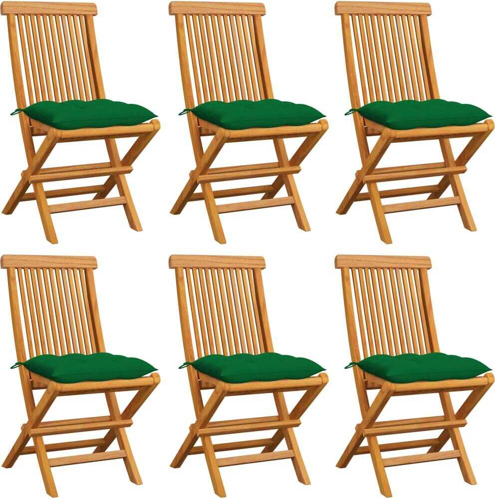 Klappstühle mit grünen Kissen, 6 Stück, Massivholz Teakholz