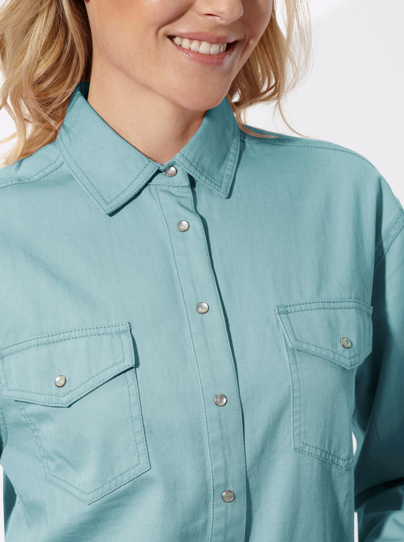 Jeansbluse CLASSIC BASICS, Damen, Gr. 40, grün (salbei), 100% Baumwolle, unifarben, Blusen Jeansbluse