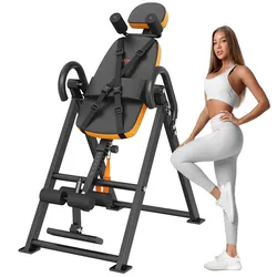 VEVOR Inversionstisch Inversionsbank, 136 kg belastbar, Multifunktionsgerät Rückentrainer, klappbares Krafttrainingsgerät mit Kopfstütze, Knöchelverriegelung, verstellbarem Schutzgurt, Orange/Schwar