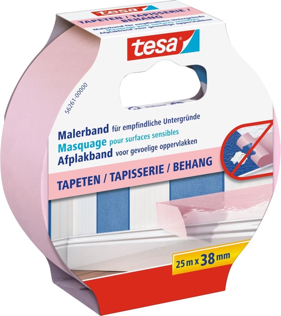 tesa Malerband, Fixier- und Abdeckband, Kreppband, Papierabdeckband für Tapeten, 25 m x 38 mm