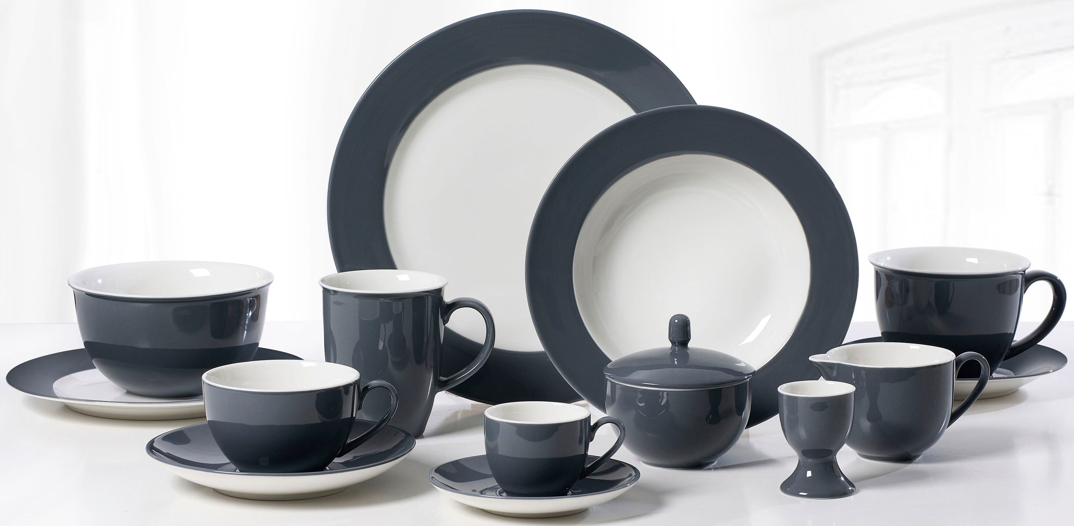 Tafelservice RITZENHOFF & BREKER "Doppio", grau (anthrazit), 8 Stk., Porzellan, Geschirr-Sets, Tafelservice, Teller Set, Geschirr-Set anthrazit 8 Stk.