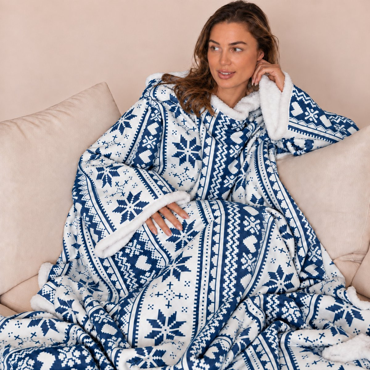 Cosas Fleece Deken met Mouwen - Hoodie Blanket - Wit met Blauw - Unisex - 180 x 130 cm