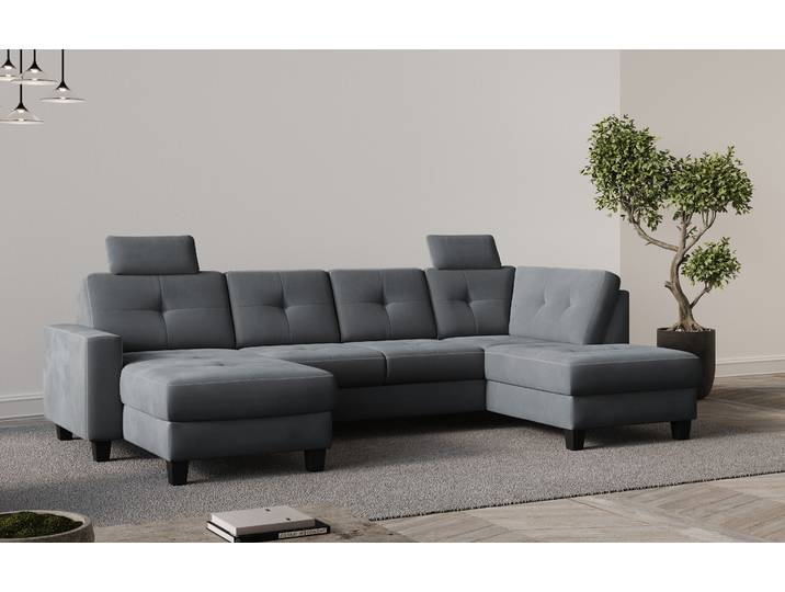 Wohnlandschaft, 304x170 cm, Polyester, Grau, Mit Bettfunktion & Bettkasten, Modern
