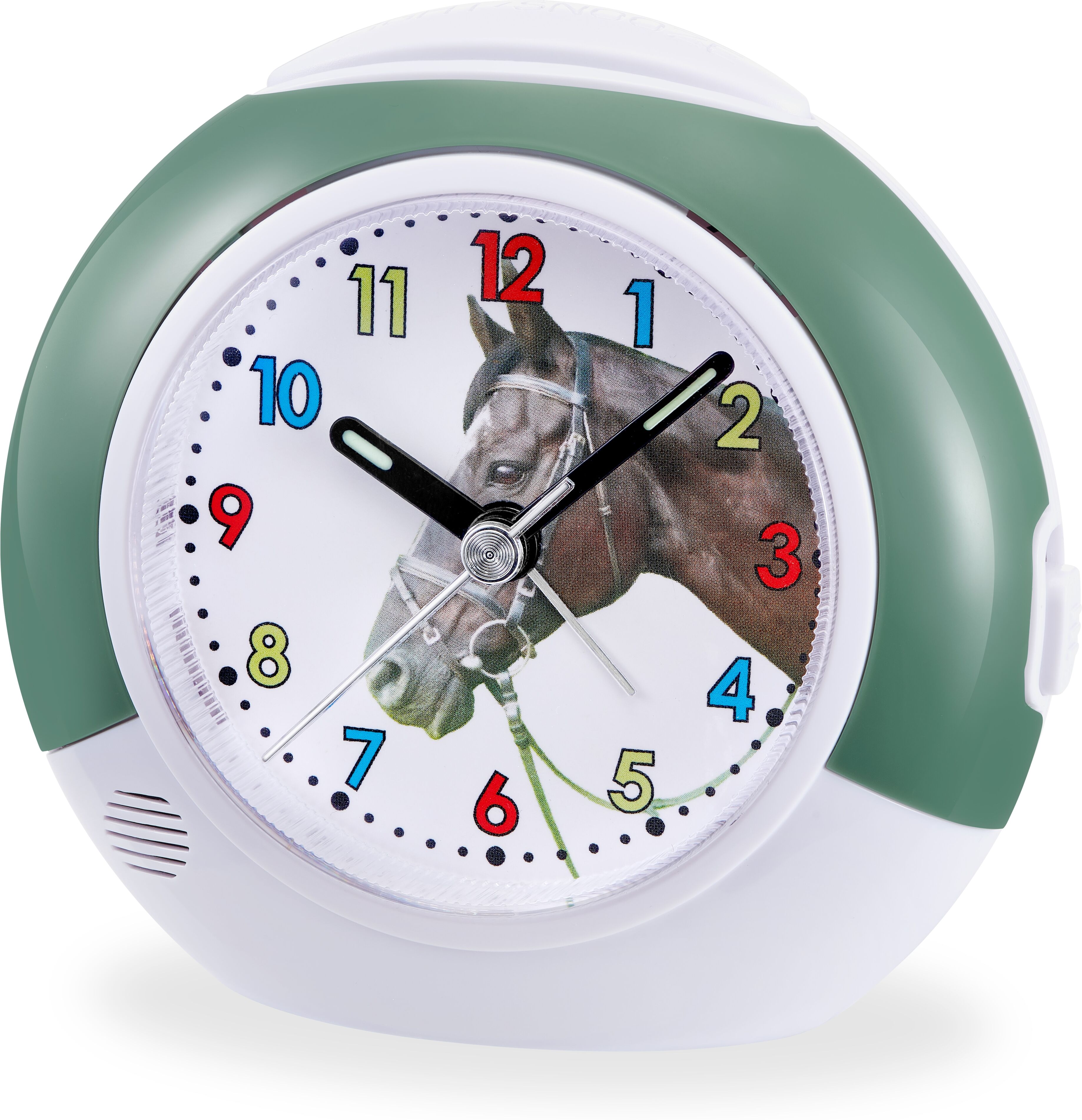 Kinderwecker ATLANTA, grün, Wecker, Kinder, Quarzwecker, Pferd, Beleuchtung, Weckwiederholung, Geschenkidee