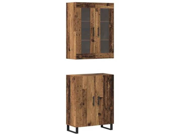 Highboard 2er Set Altholz Holzwerkstoff mit Glastüren und Eisenbeinen 2 Stück, Holzwerkstoff, Glaselemente, Eisenbeine, Doppeltüren, Stangengriffe, viel Stauraum