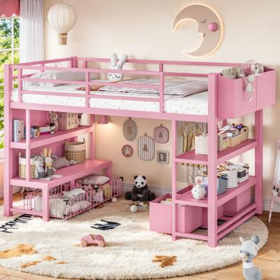 Telepassa Metal Low Loft Bed with Bookshelf & Storage Bag for Kids