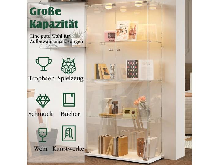 Rosahqnda vitrine en verre avec lumière, vitrine transparente moderne 163x78,5x35cm avec 4 étagères, 2 portes, sans roulettes