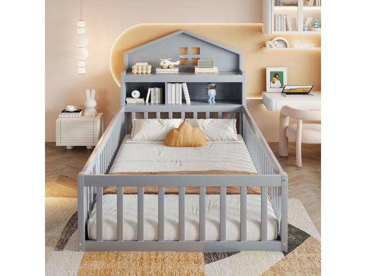 Maisentiel Lit enfant 90 x 200 cm gris forme maison avec rangements barrières porte et sommier à lattes