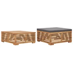 vidaXL Gartentisch und Fußhocker Set mit Dunkelgrauem Kissen Teakholz