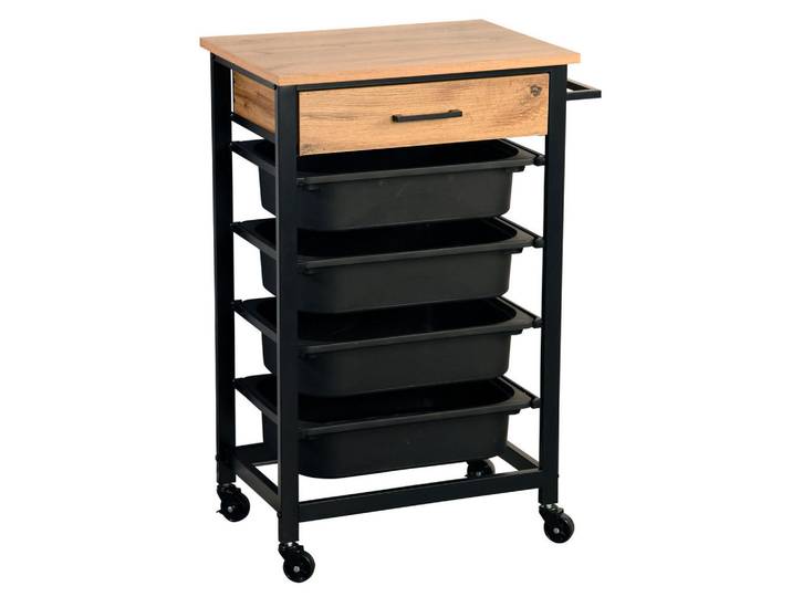 Kesper Küchenwagen mit Eichenholzschublade und Organizern Schwarz 47/37/85 cm, 37x85x47 cm, Esszimmer, Servierwagen