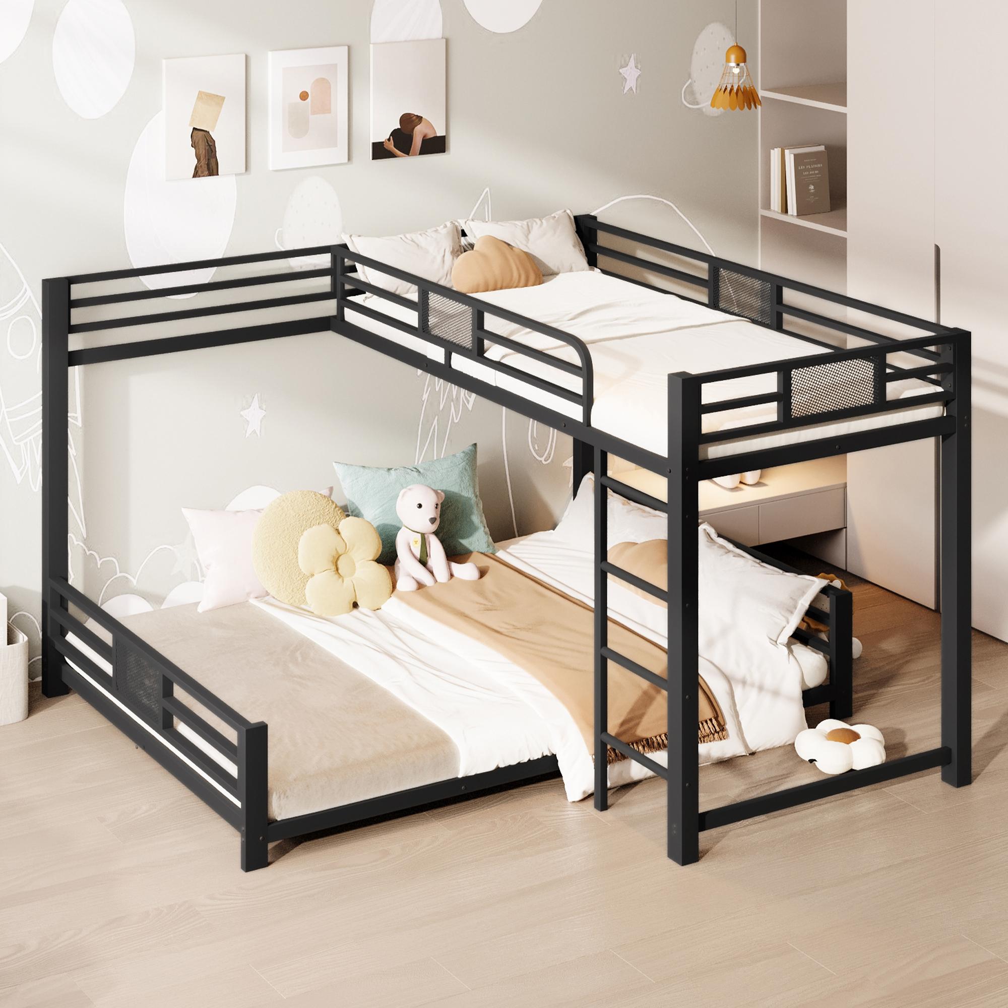 okwish Etagenbett 90/140x200 cm Metallisches L-förmiges Design,Kinderbett mit Sicherheitsgeländer ausgestattet,Hochbett mit Treppe ausgestattet,Schwarz(mit Matratze)
