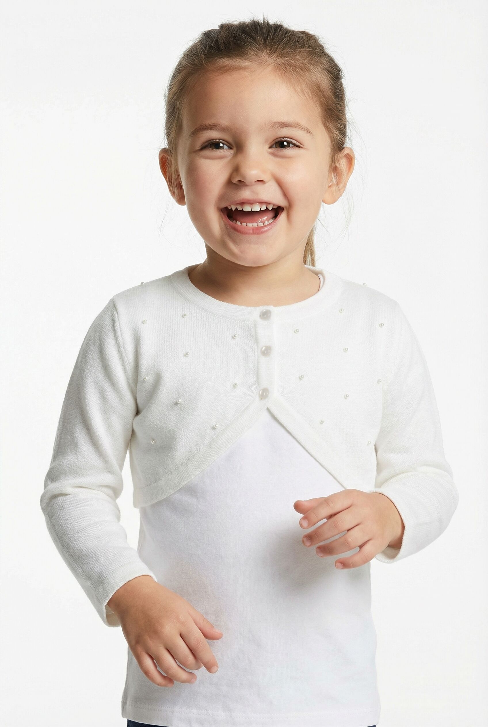 Bolero HAPPY GIRLS "cardigan", Mädchen, Gr. 122, beige (ecru), Strick, Obermaterial: 100% Polyester, unifarben, bauchfrei, Rundhals, Strickjacken Bolero, vorne mit schönen Zierperlen bestickt
