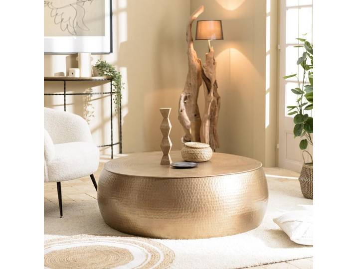 JOHAN - Table basse ronde 106x106cm effet martelé aluminium doré JOHAN