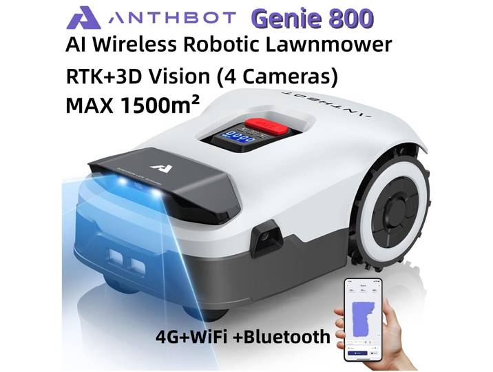 Tondeuse robotisée ANTHBOT Genie 800, sans câble de délimitation, Max. Tondeuse robotisée de 1500 m² avec vision RTK + 4 caméras, navigation précise, évitement d'obstacles par IA, avec contrôle par