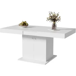 MODFU Ausziehbarer Esstisch 140/180x80x76 cm Weiß mit Stauraum rechteckig Automatik Teleskopfunktion aus Spanplatte Metallgestell