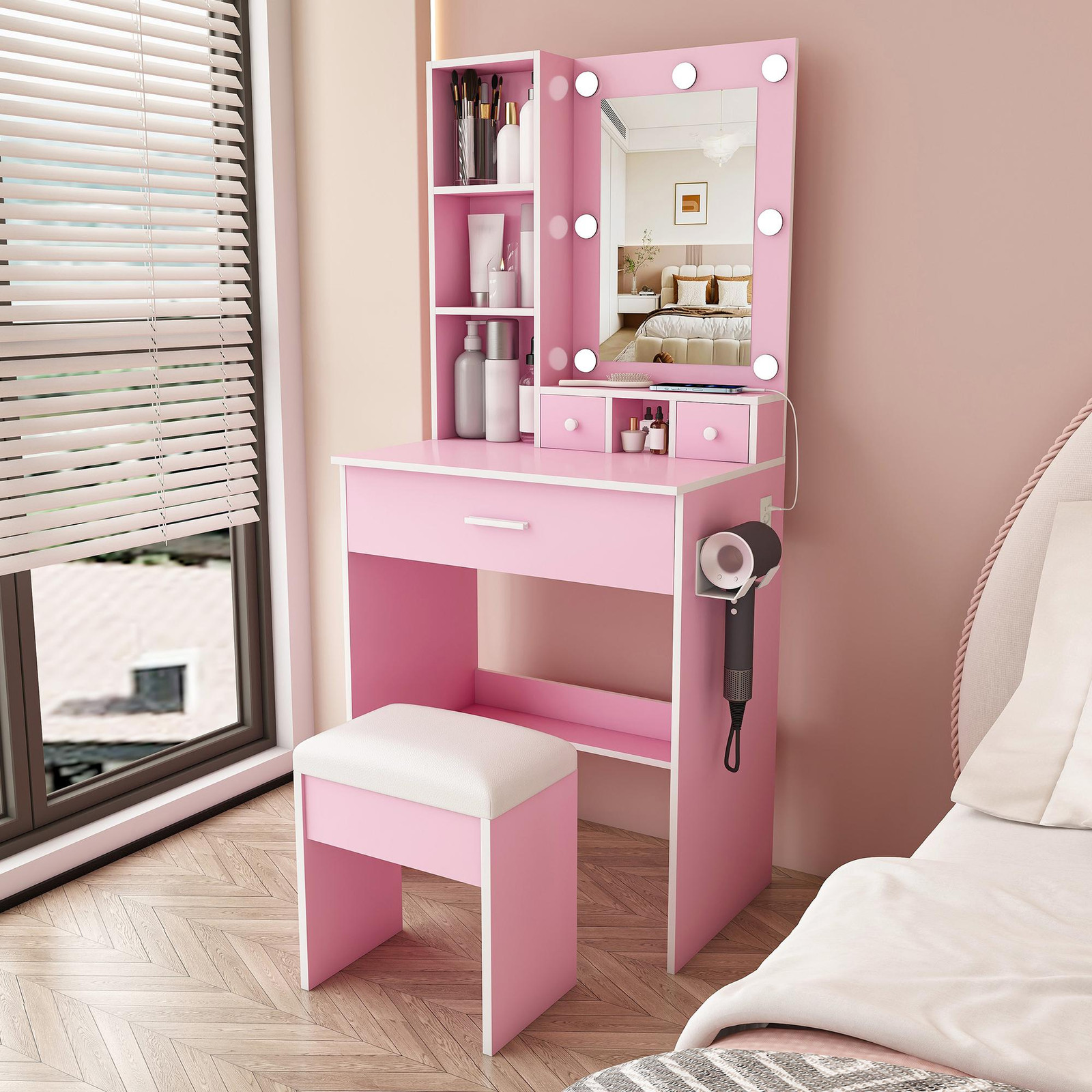 Okwish make-uptafel met gestoffeerde kruk, verstelbare LED-verlichting, spiegel en stopcontact