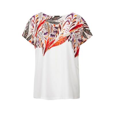 Kurzarmshirt GOLDNER "Kurzgröße Elegantes Oberteil mit Ethno-Muster", Damen, Gr. 23, weiß (weiß, gemustert), Obermaterial: 100% Viskose CV., figurumspielend, U-Boot-Ausschnitt, Gerade, Shirts, Dekorativer Druck