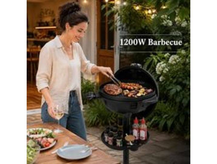 2 en 1 Barbecue Électrique 2 Zones Plancha Grill Cuisson Conviviale 1200W Thermostat 180-270°C Plaque Antiadhésive Céramique