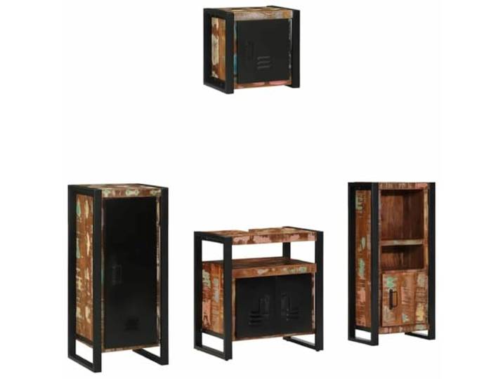 POUFGDR Badezimmermöbel-Set, 4-teilig, mehrfarbig und schwarz Standregal, 2 Wandmöbel, Massivholz und Eisen, Badaufbewahrung, platzsparendes Wanddesign