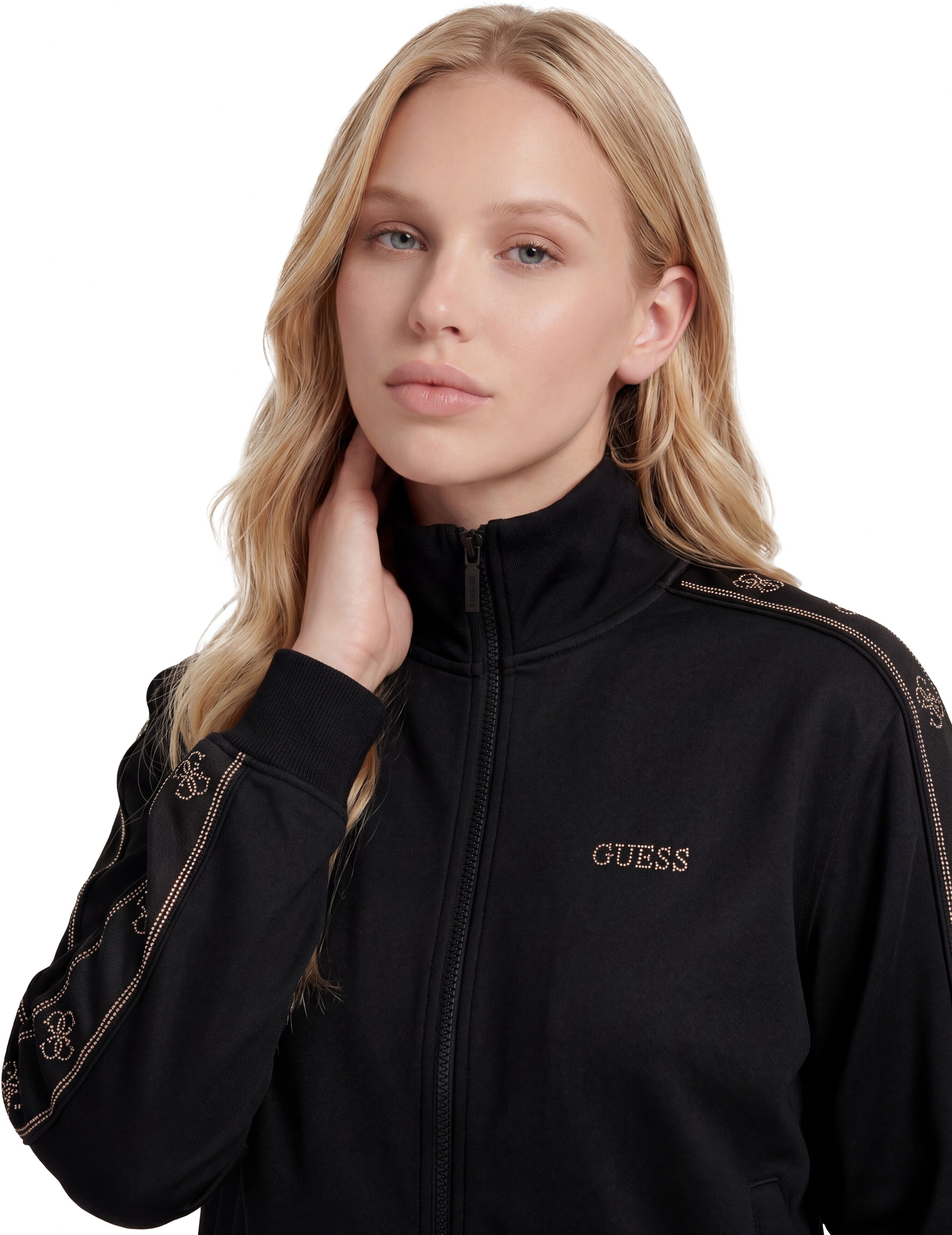 Sweatjacke GUESS "OCTAVIA HIGH NECK FULL-ZIP", Damen, Gr. L (30), schwarz (jet schwarz a996), Sweatware, Obermaterial: 86% Polyester, 8% Viskose, 6% Elasthan, unifarben, regular fit hüftbedeckend, hoch geschlossener Ausschnitt, Rippstrickbündchen, Sweatja