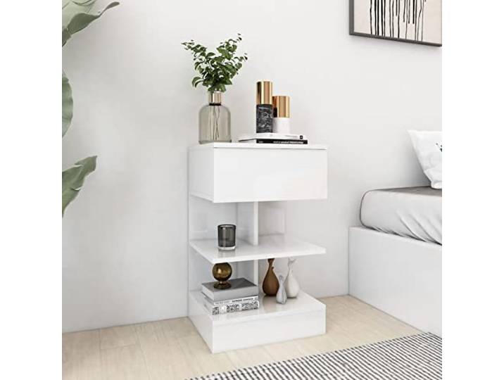 MOONAIRY Nachttisch, Nachtschrank, Nachtkästchen, Beistelltisch, Kommode, Nachtkommode, Nachtischschränke, Druckertisch, Schlafzimmer Möbel, Hochglanz-Weiß 40x35x65 cm Spanplatte