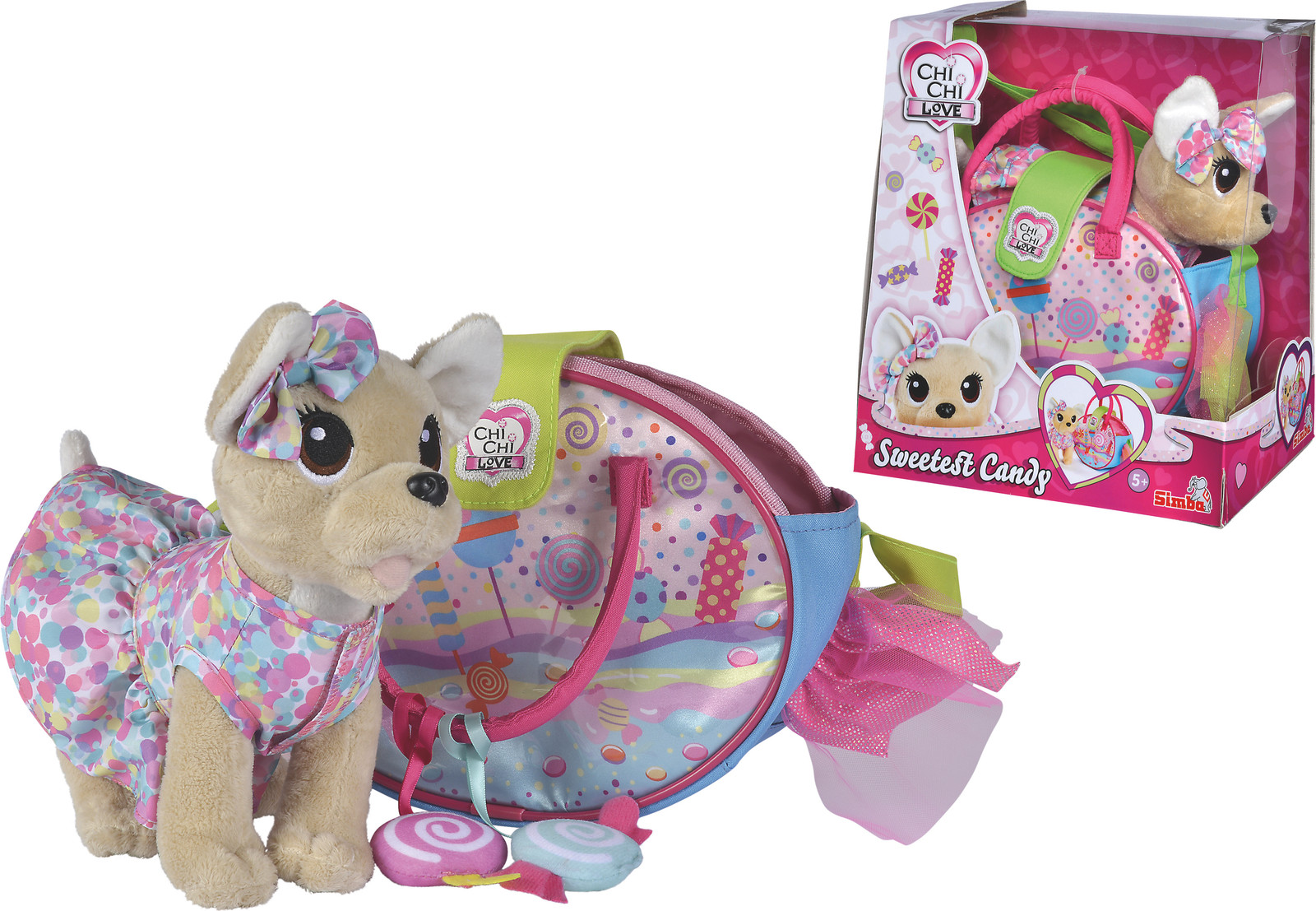 Simba Toys ChiChi LOVE knuffelhondje met stippenkleedje en tasje, 20 cm