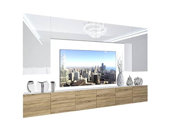 BELINI Wohnwand Schrankwand NEX 2 mit LED-Beleuchtung, Weiß/Sonoma Eiche Vollausstattung Wohnzimmer-Set Moderne Schrankwand Anbauwand TV-Schrank