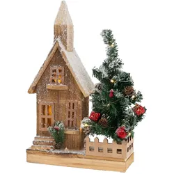 ECD Germany Holz-Weihnachtshaus LED, Warmweiß, 27x11x44 cm, Batteriebetrieben mit Timer, Deko-Holzhaus & Tanne, Winterhaus beschneit Innenbereich