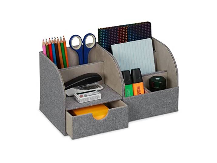 Relaxdays Organiseur de Bureau\, tiroir et 6 espaces de Rangement\, Aspect Lin\, HxLxP : 14\,5x28x14\,5 cm\, décoratif\, Gris