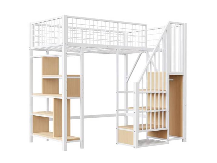Lit mezzanine - Multifonctionnel - 90x200 cm - Métal - Rangement intégré - Blanc