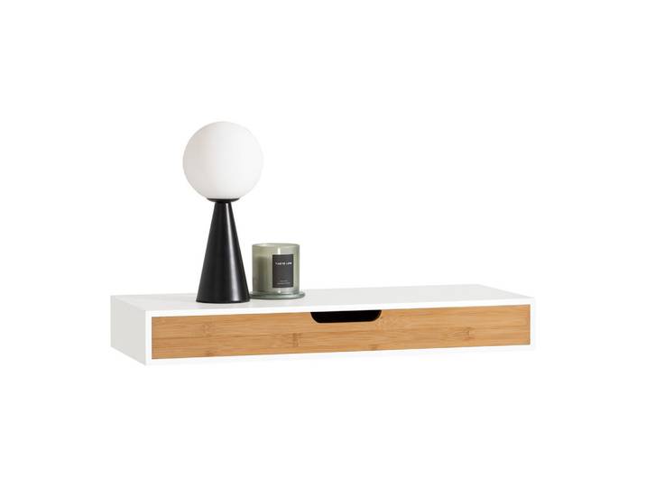 SoBuy Wandregal mit Schublade Bambus Weiß-Natur 60x24x8cm, Weiß, Naturfarben, Holzwerkstoff, 60x8x25 cm, Wohnzimmer, Regal, Wandregal