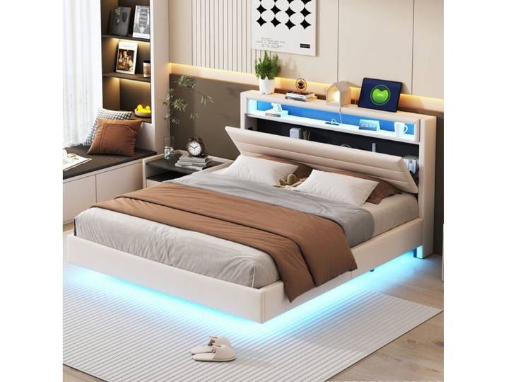 WUVRIE Lit rembourré 160x200 cm beige avec prise USB LED tête de lit relevable et rangement