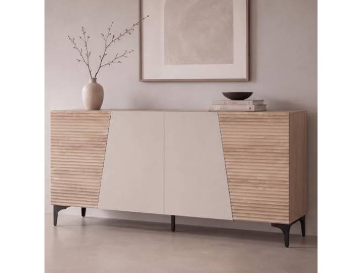Mendler Sideboard HWC-Q83, Staufächer MDF Melamin 80x160x42cm - Eiche-Optik Kommode, Schrank, Türen, 3D-Struktur