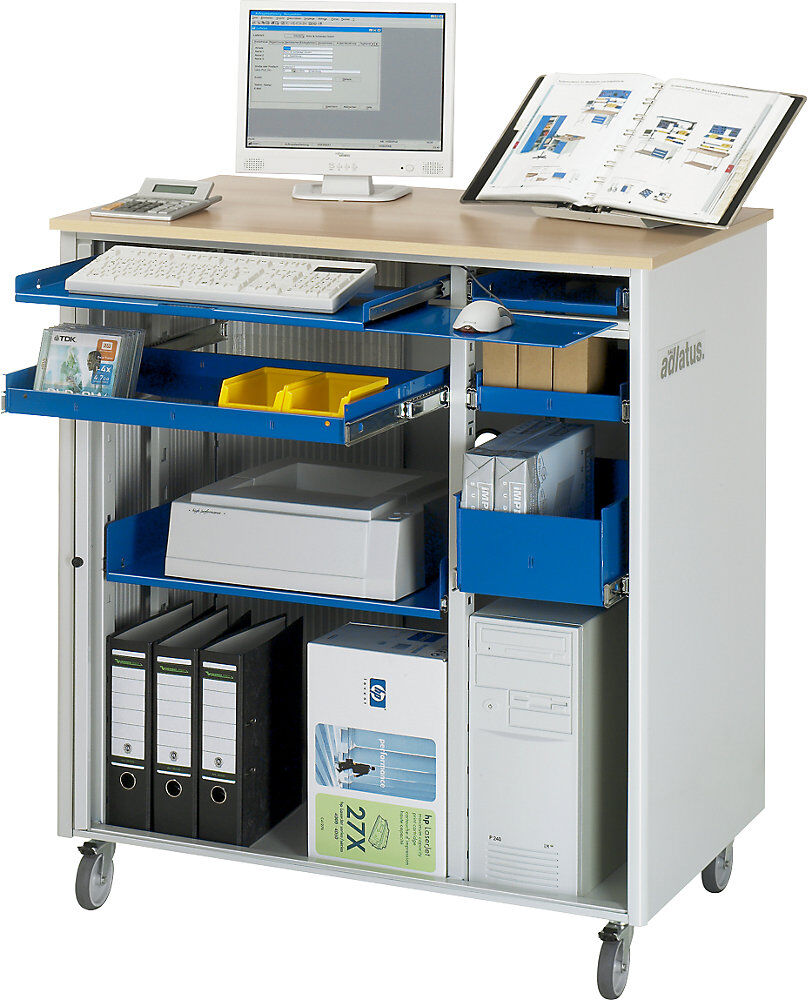 Computer-Arbeitsplatz, HxBxT 1100 x 1030 x 660 mm, fahrbar, lichtgrau / enzianblau RAU